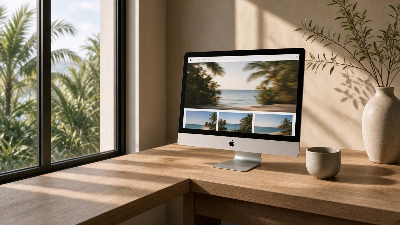 A silver iMac on a sunlit oak desk, palms outside the window, a website whose hero is an ocean in motion.